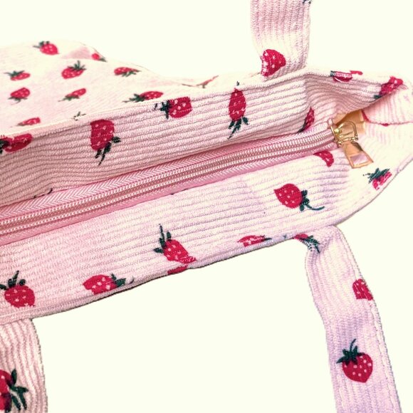 Spacious Pink Corduroy Zipper Tote Bag Strawberries Strawberry Pattern Handbag - Picture 4 of 6